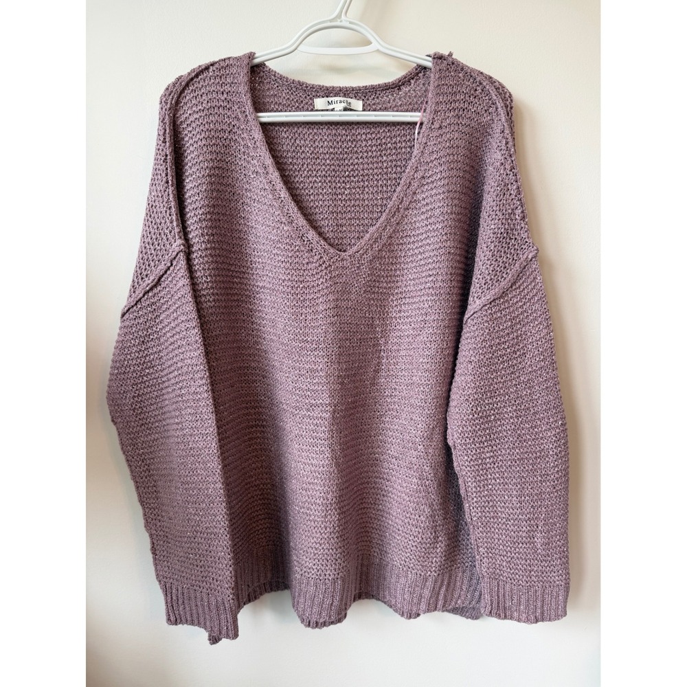 Miracle USA Womens Oversized V-Neck Knit Sweater Mauve Purple Waffle Knit S/M